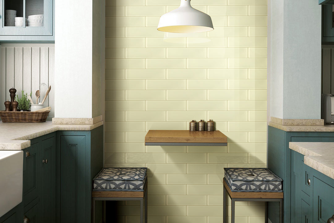 A bright and cheerful setting featuring Glass Pastel Yellow glossy tile, radiating positivity with a luminous glow.