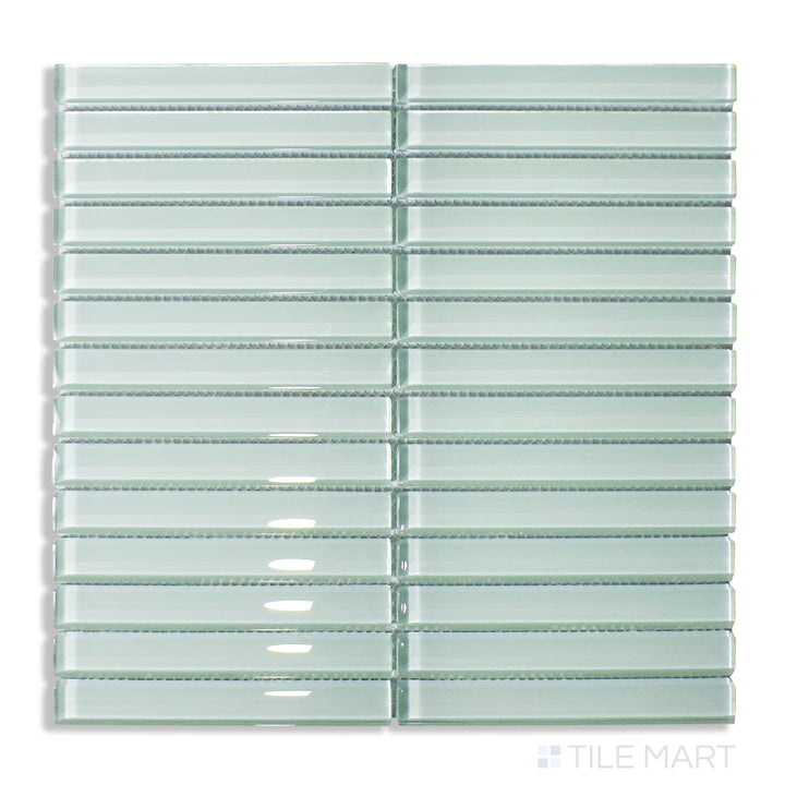 Aerial shot of Glass Pastel Green Grid Glossy Mosaic, featuring a refreshing green hue with a glossy surface in a uniform grid layout.