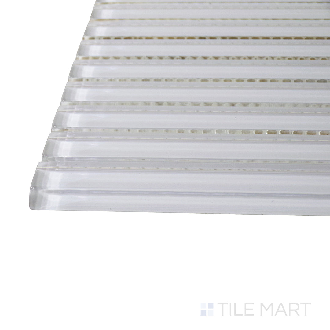 Captured from a corner angle, the Glass Pastel White Grid glossy mosaic tile showcases its bright white hue and refined glossy surface, providing a clean and modern design.