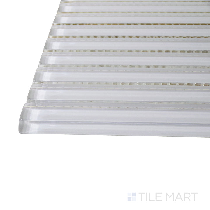 Captured from a corner angle, the Glass Pastel White Grid glossy mosaic tile showcases its bright white hue and refined glossy surface, providing a clean and modern design.