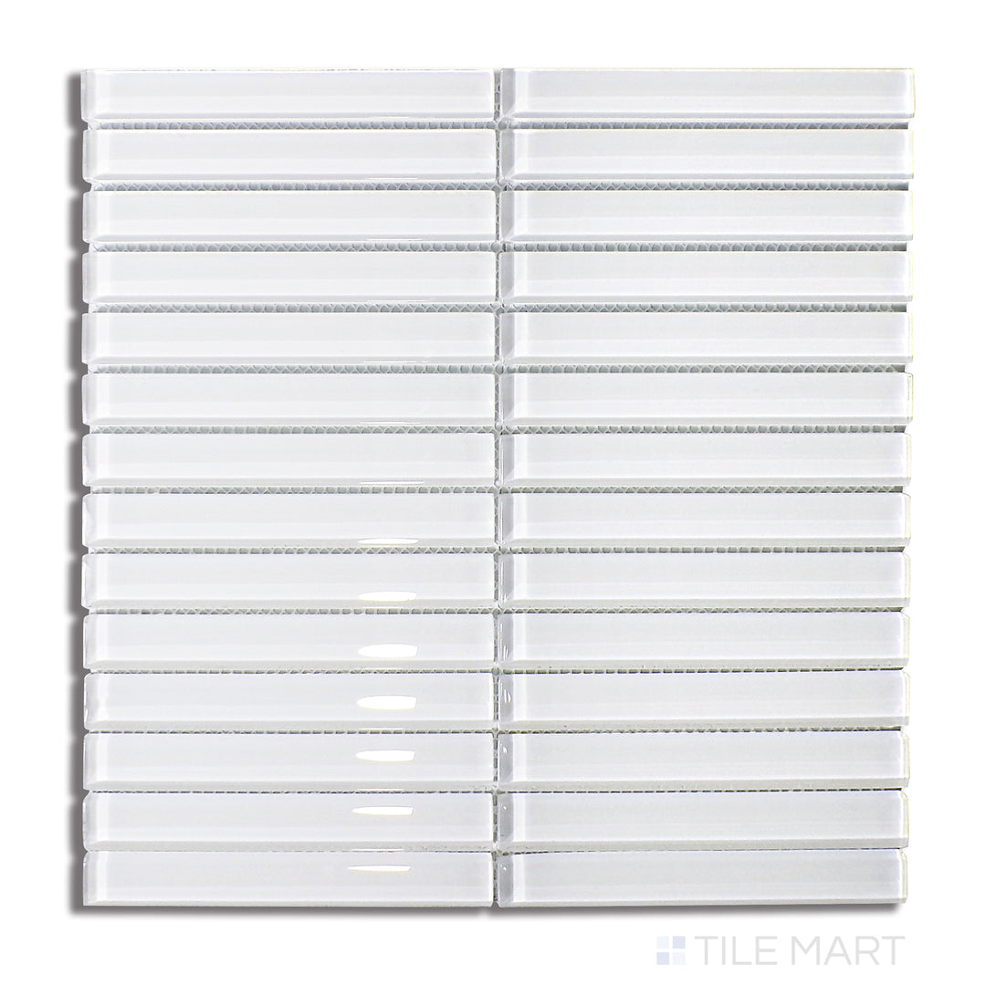 Flat lay of Glass Pastel White Grid Glossy Mosaic, highlighting a bright white surface with a polished glossy texture in a refined grid structure.