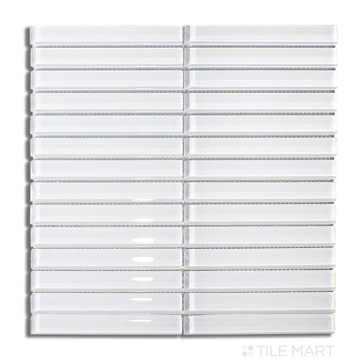 Flat lay of Glass Pastel White Grid Glossy Mosaic, highlighting a bright white surface with a polished glossy texture in a refined grid structure.