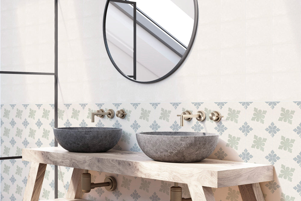 A visually stunning lifestyle space with Hampton 15 Shinnecoc matte porcelain, embracing coastal-inspired aesthetics.