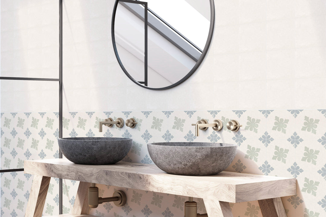 A visually stunning lifestyle space with Hampton 15 Shinnecoc matte porcelain, embracing coastal-inspired aesthetics.