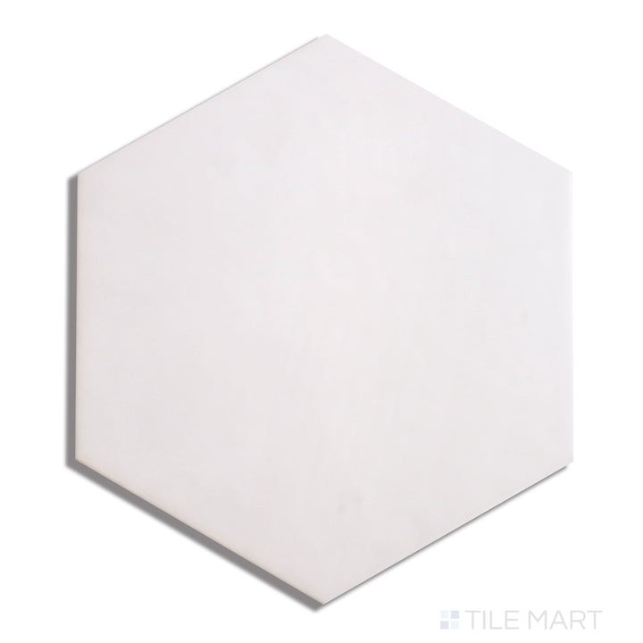 Overhead shot of Hexatile Blanco 8" Hexagon Matte Porcelain, displaying a crisp white tone in a geometric hexagonal pattern.