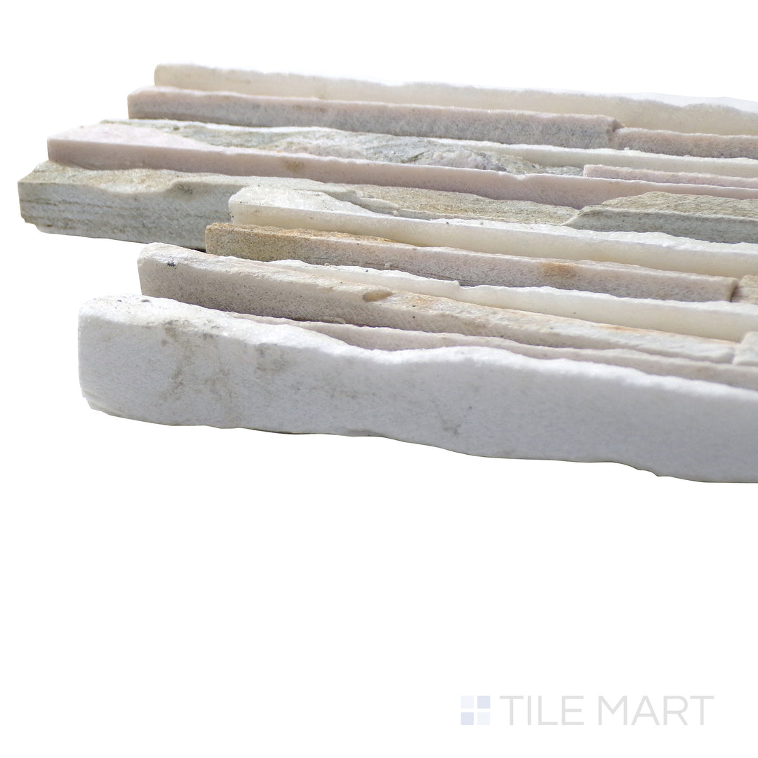 A corner perspective of the Contemporary Mini Ledgestone Golden Honey 6x24 natural stone tile emphasizes its warm golden hues and stacked stone texture, bringing a rustic yet elegant feel.