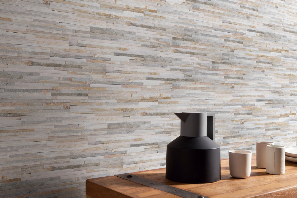 A warm and inviting roomscene highlighting Contemporary Mini Ledgestone Golden Honey 6X24 natural stone, infusing organic charm with rich, earthy tones.