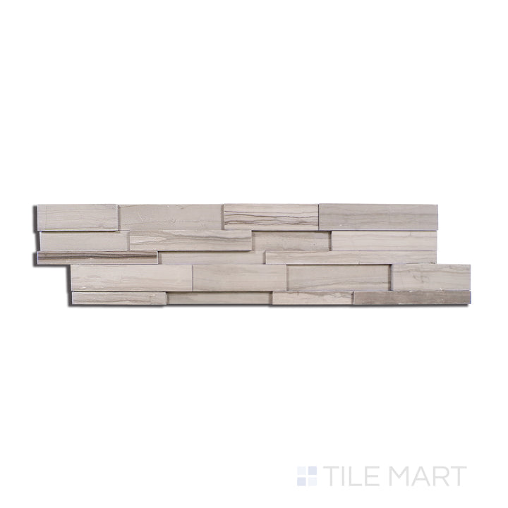 Aerial shot of Modern Ledgestone Athens Wood 6X24 Porcelain, displaying a wood-look porcelain with a warm brown grain and a textured surface.