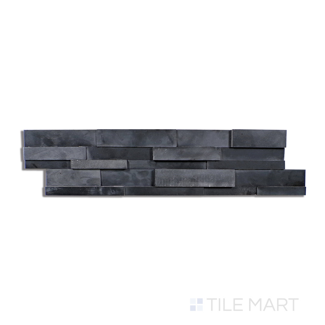 Top-down view of Modern Ledgestone Basalt Black 6X24 Porcelain, featuring deep black tones with natural stone-inspired texture.