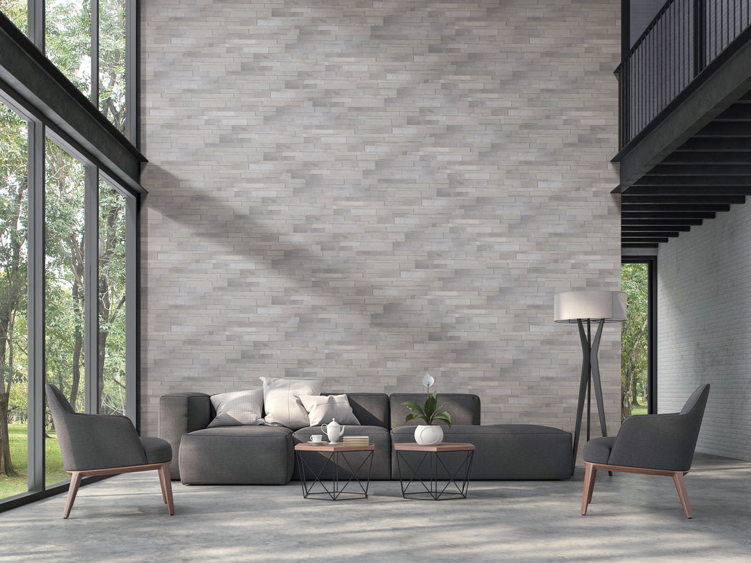 A refined lifestyle image featuring Modern Ledgestone Milano Grey 6X24 porcelain, adding sleek and modern appeal to any space.