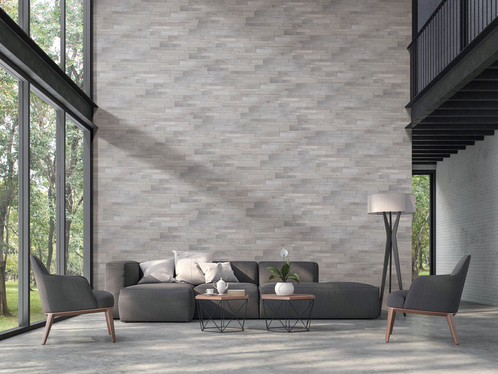 A refined lifestyle image featuring Modern Ledgestone Milano Grey 6X24 porcelain, adding sleek and modern appeal to any space.