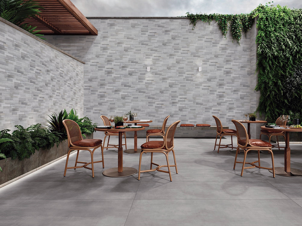 A stunning roomscape displaying Modern Ledgestone Wooden Blue 6X24 porcelain, bringing a fresh take on wood-inspired surfaces.