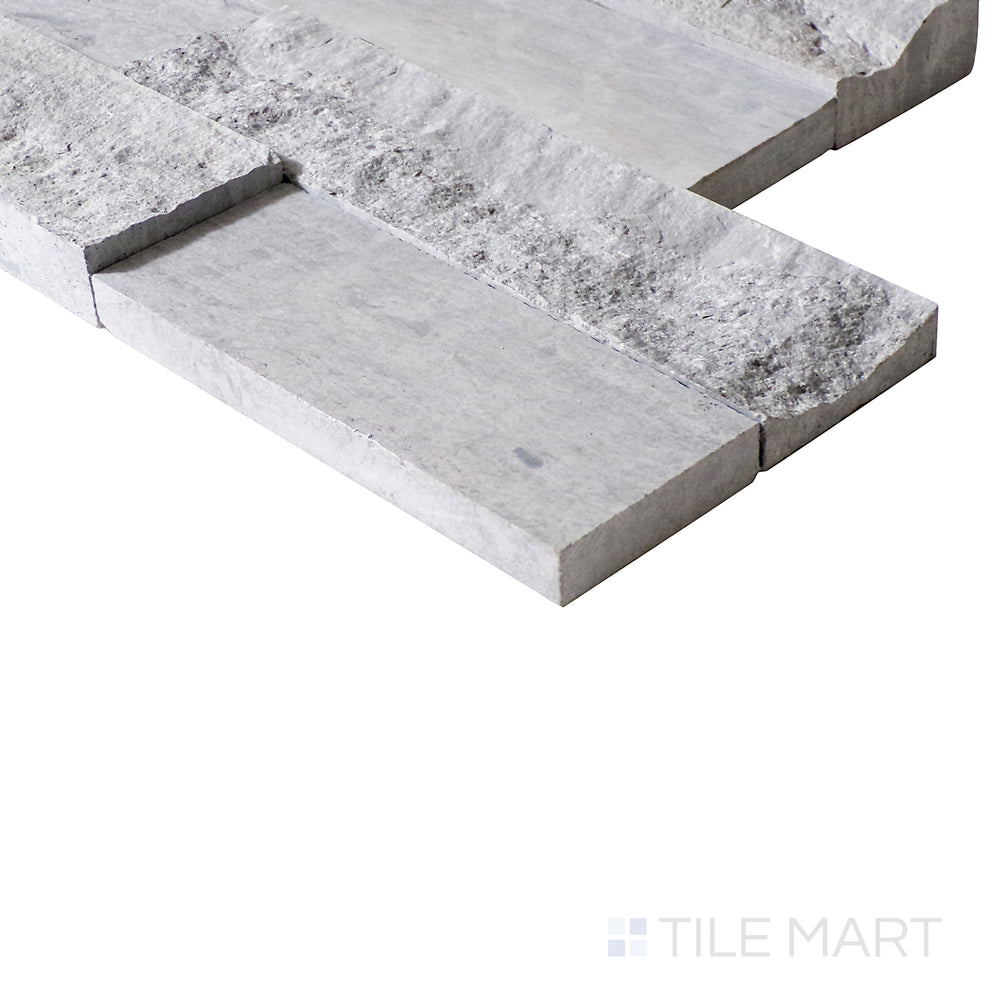 A side view captures the natural tones of Blue Oak stackstone, emphasizing its stacked texture and earthy elegance.