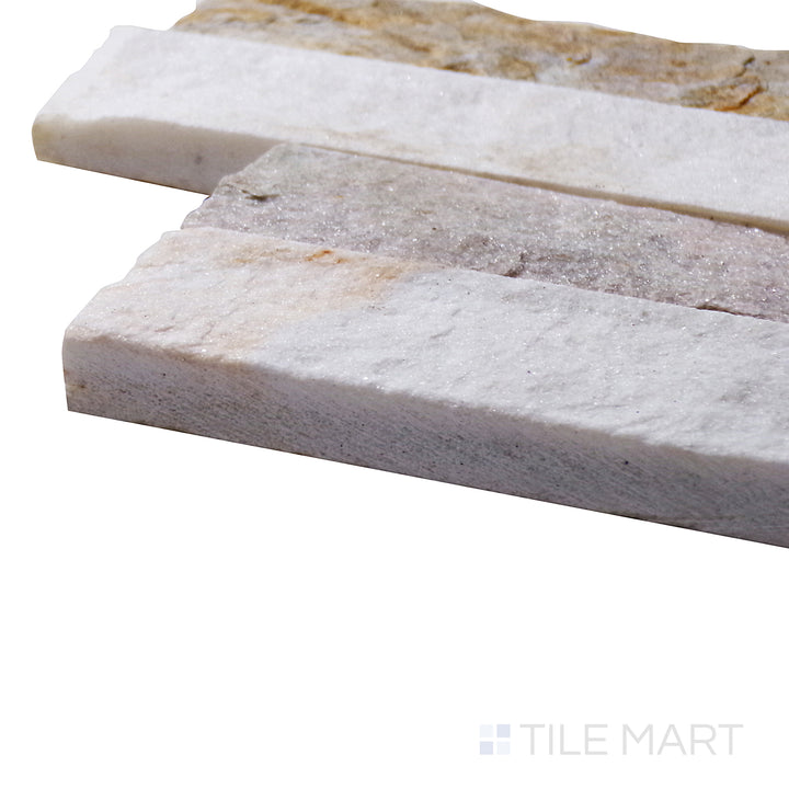 A corner perspective of the Natural Splitface Stackstone Panels Desert Honey 6x24 emphasizes its warm golden tones and rich textures, offering a rustic yet elegant stone accent.