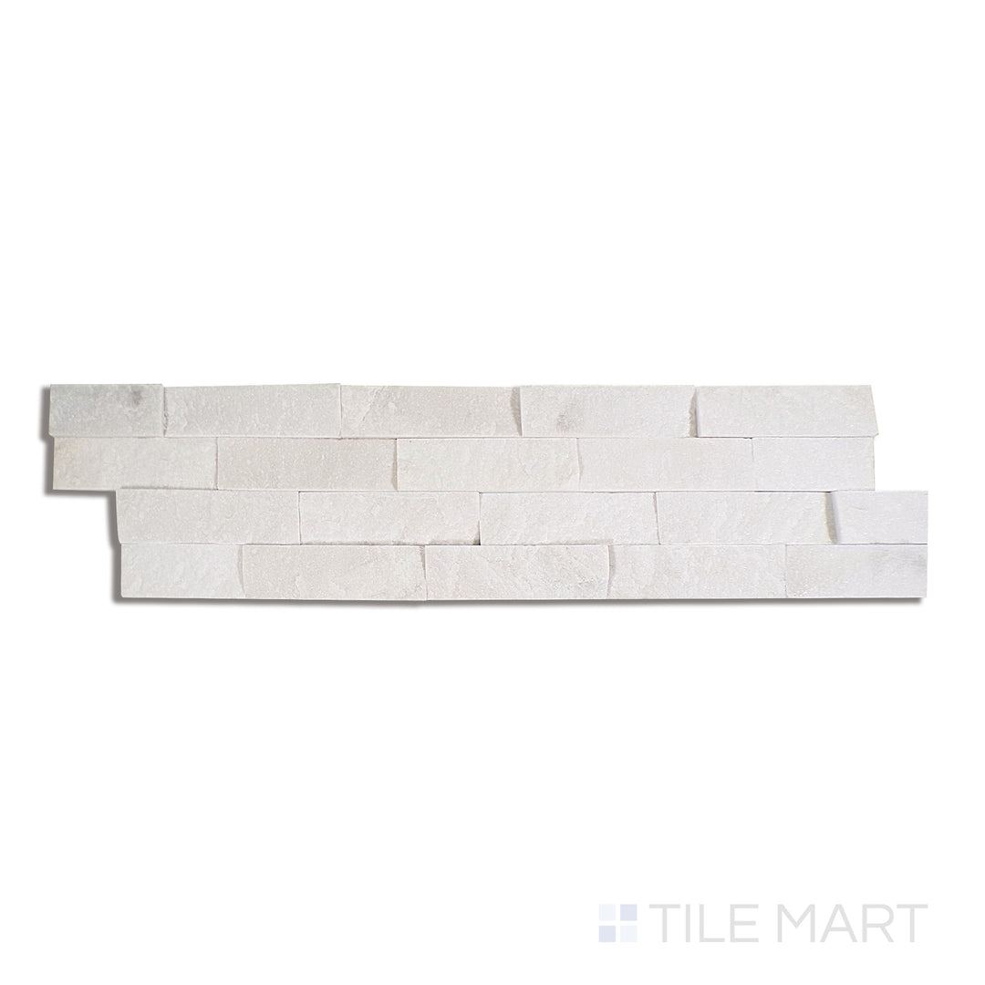 Overhead shot of Natural Splitface Stackstone Panels Glacier White 6X24, displaying a crisp white stacked stone with an icy, textured finish.