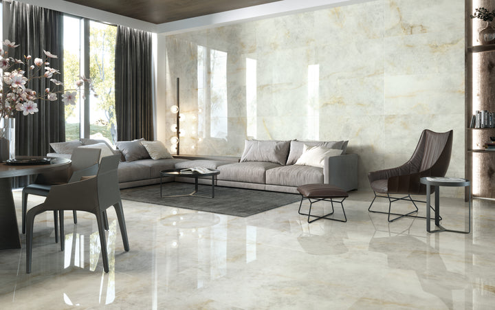 A chic and sophisticated room design using Luxury Kristalus White 24X48 polished porcelain, reflecting light beautifully for a spacious feel.