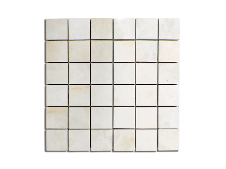 Aerial view of Luxury Kristalus Cream 2" Square Polished Porcelain Mosaic, presenting a warm beige-toned polished porcelain mosaic with a glossy finish.
