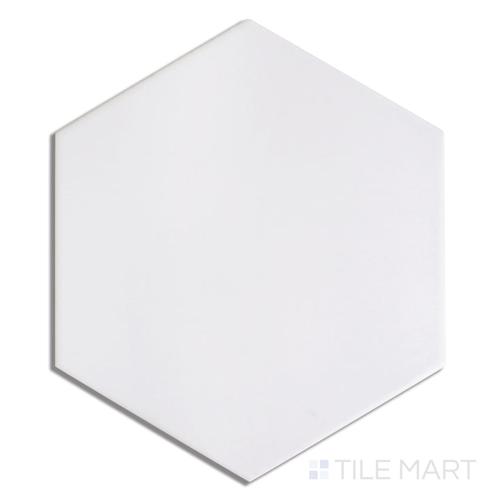 Flat lay of Meraki Base Blanco 8" Hexagon Matte Porcelain, displaying a crisp white hexagonal format with a refined matte texture.