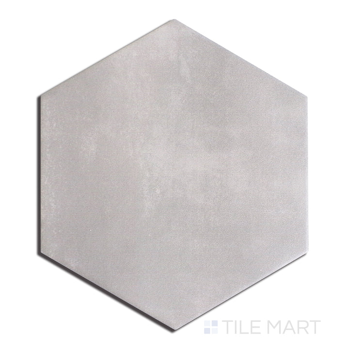 Aerial view of Meraki Base Gris 8" Hexagon Matte Porcelain, highlighting a contemporary grey shade with a structured hexagon shape.