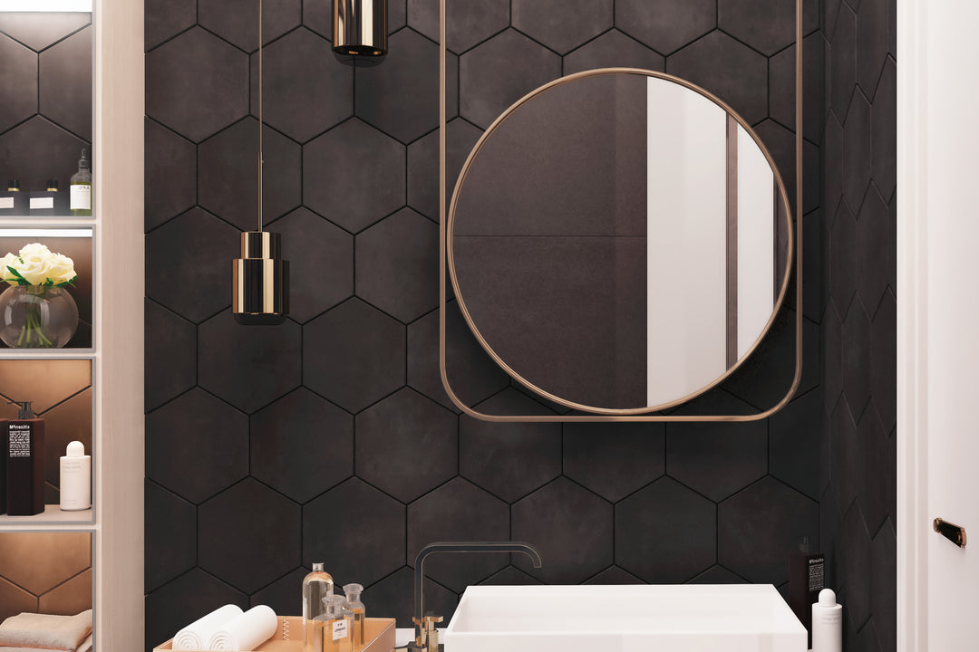 A dramatic and bold design enhanced by Meraki Base Negro 8" hexagon matte porcelain, adding depth and contrast.