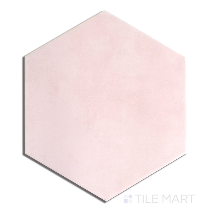 Flat lay of Meraki Base Rosa 8" Hexagon Matte Porcelain, displaying a soft blush pink shade with a delicate matte surface.