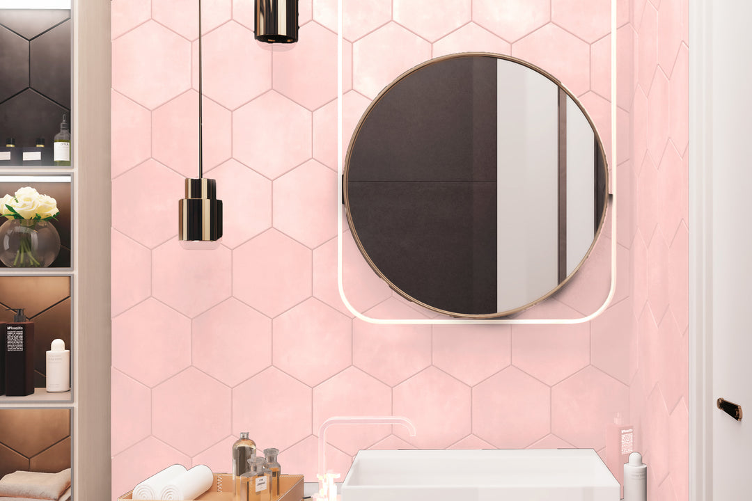 A charming and contemporary space with Meraki Base Rosa 8" hexagon matte porcelain, softening the look with delicate pink hues.