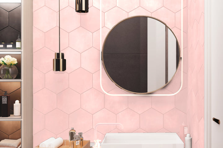A charming and contemporary space with Meraki Base Rosa 8" hexagon matte porcelain, softening the look with delicate pink hues.