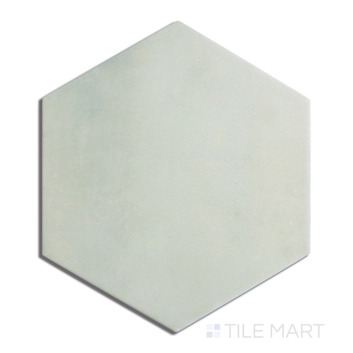 Aerial view of Meraki Base Verde 8" Hexagon Matte Porcelain, presenting an earthy green hue in a structured hexagonal matte format.
