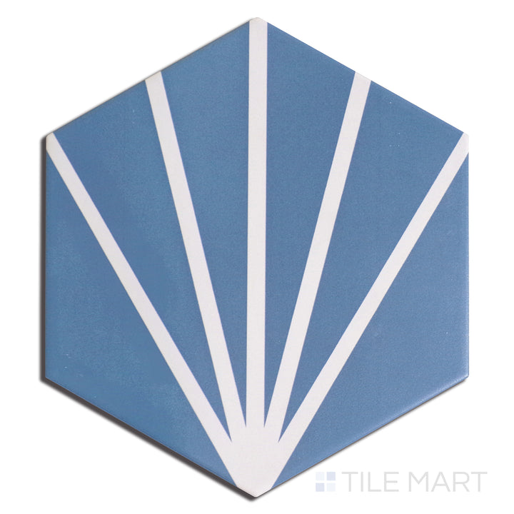 Overhead image of Meraki Even Deco Azul 8" Hexagon Matte Porcelain, showcasing artistic elements with a deep blue hue and matte finish.