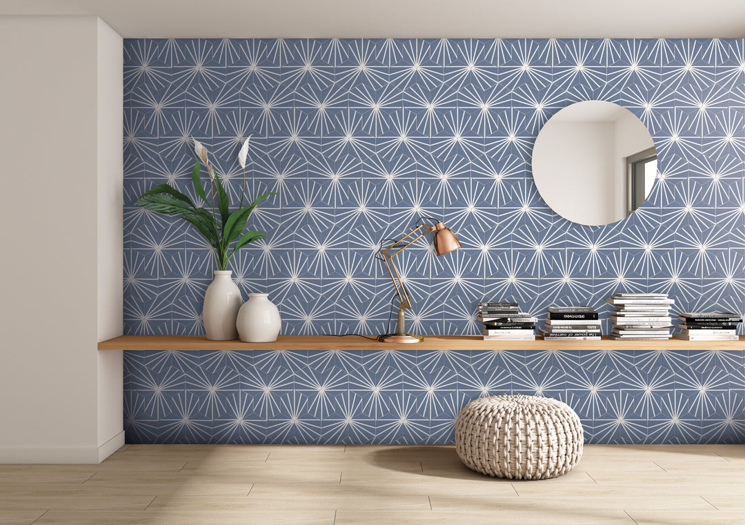 A striking and stylish setting with Meraki Even Deco Azul 8" hexagon matte porcelain, blending deep blues with geometric elegance.