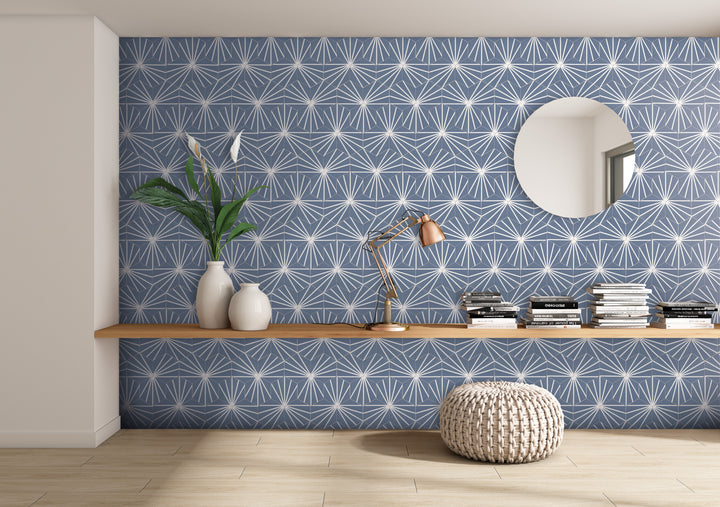 A striking and stylish setting with Meraki Even Deco Azul 8" hexagon matte porcelain, blending deep blues with geometric elegance.