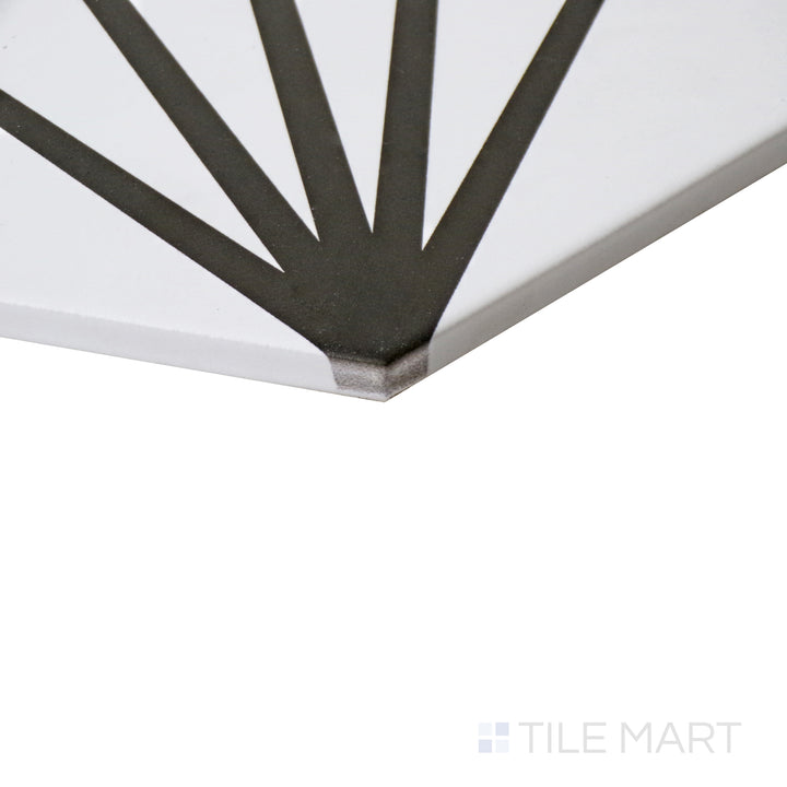 Angled perspective highlighting the modern white detailing of Meraki Even Deco Blanco 8" hexagon matte porcelain tile.