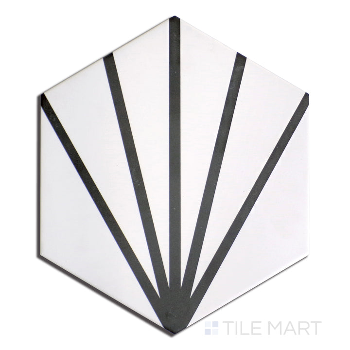 Flat lay of Meraki Even Deco Blanco 8" Hexagon Matte Porcelain, displaying elegant white hexagonal tiles with subtle decorative details.