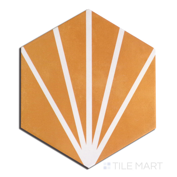 Top-view of Meraki Even Deco Mostaza 8" Hexagon Matte Porcelain, highlighting warm mustard tones with a structured hexagonal layout.