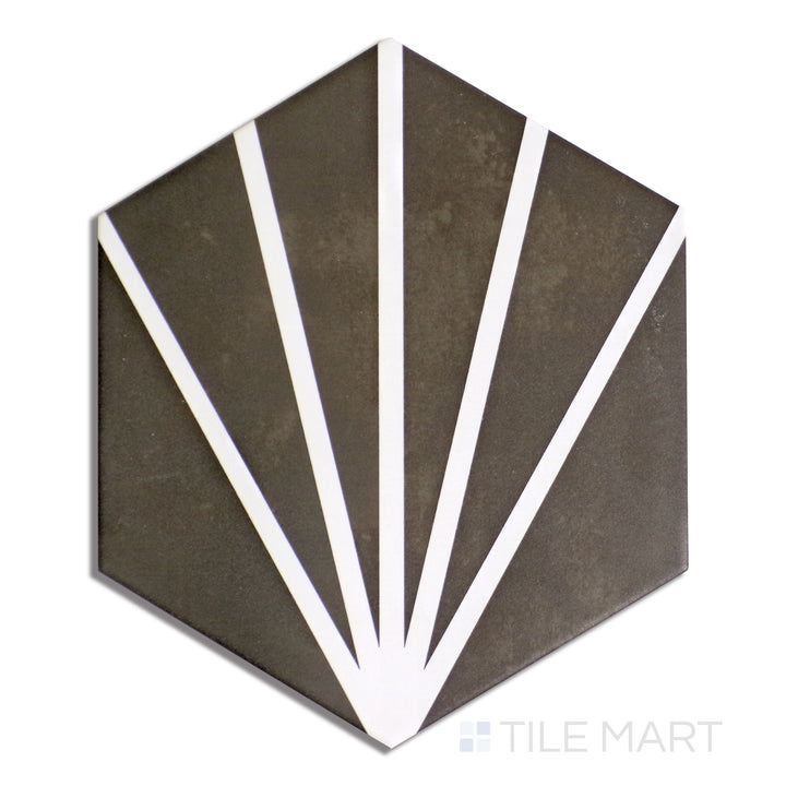 Overhead shot of Meraki Even Deco Negro 8" Hexagon Matte Porcelain, showcasing striking black patterns in a matte hexagon format.