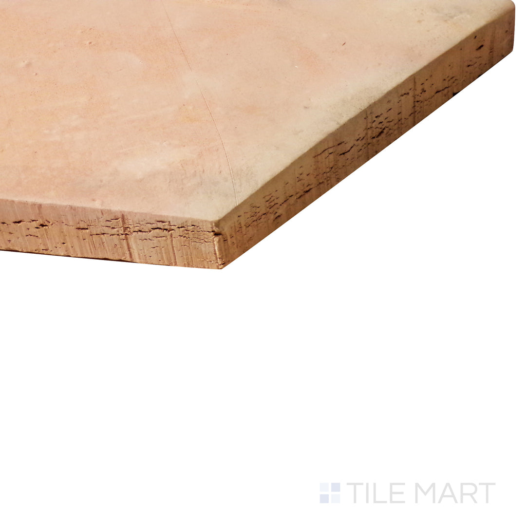 Angled perspective highlighting the bold, geometric style of Saltillo Salmon 12" hex natural terracotta tile.