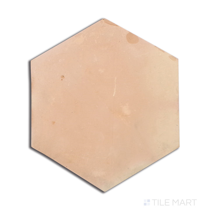 Top-down view of Saltillo Salmon 12" Hex Natural Terracotta, a hexagonal tile in a deep salmon shade, providing a bold geometric layout.
