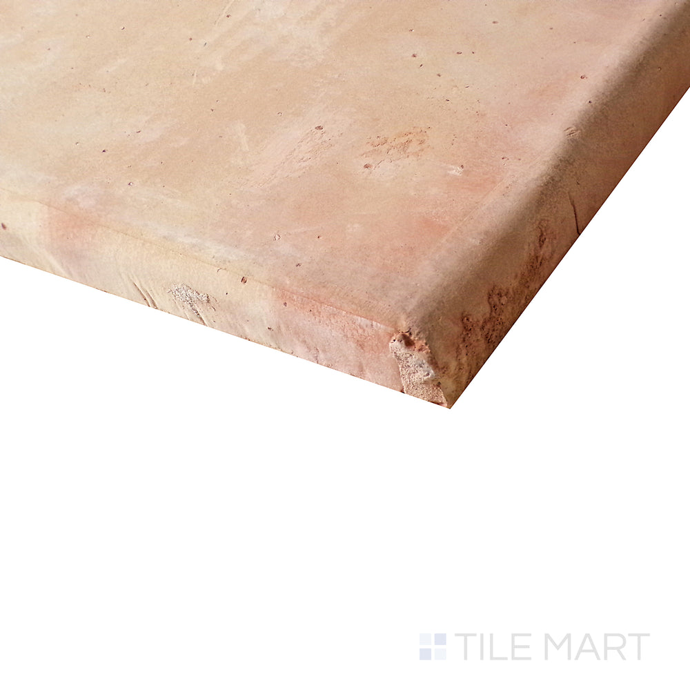 Side perspective showcasing the classic round-edge finish of Saltillo Salmon 16X16 natural terracotta tile.