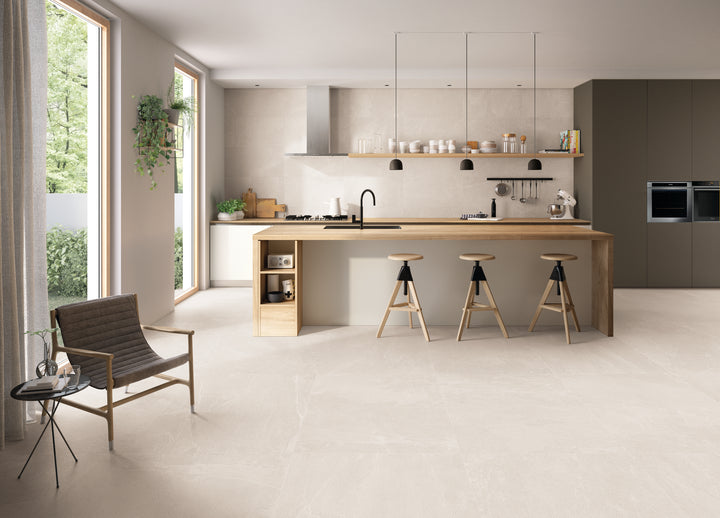 A warm and inviting design with Nordika Sand 24X48 matte porcelain, offering soft beige hues and a natural stone-like appeal.