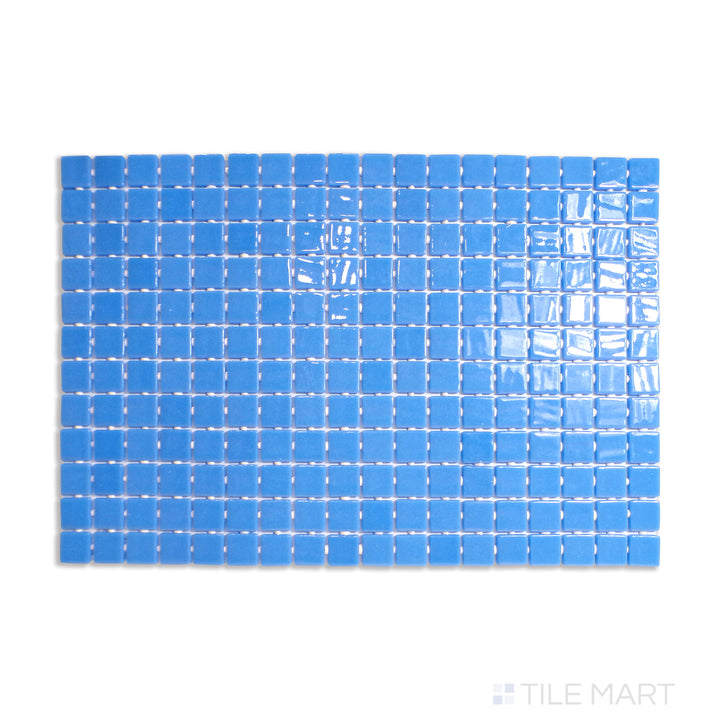 Overhead view of Lisa Azul Claro 1" Square Glossy Glass Mosaic, showcasing soft sky-blue tones with a reflective glossy finish.