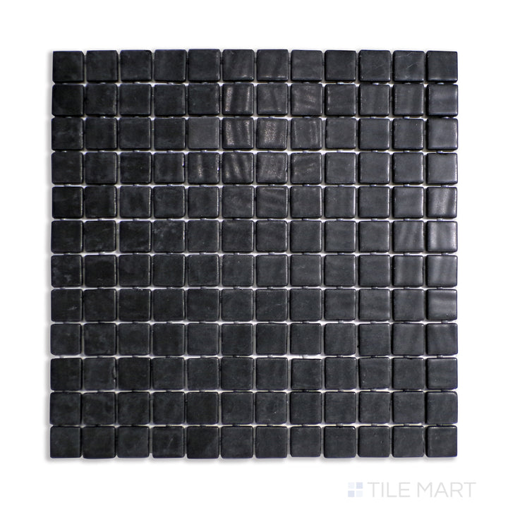 Flat lay of Natureglass Malla Black 1" Square Matte Glass Mosaic, featuring deep black glass tiles with a smooth matte texture.