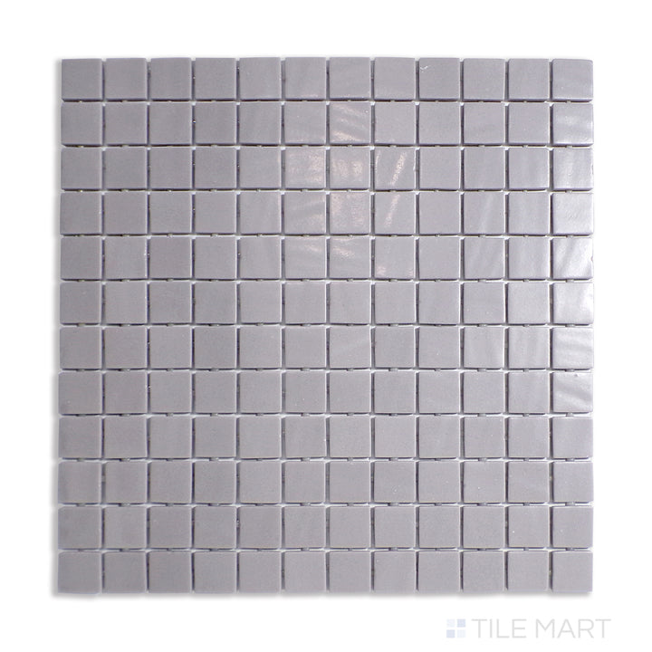 Top-down image of Natureglass Malla Grey 1" Square Matte Glass Mosaic, highlighting soft grey tones with a velvety matte surface.