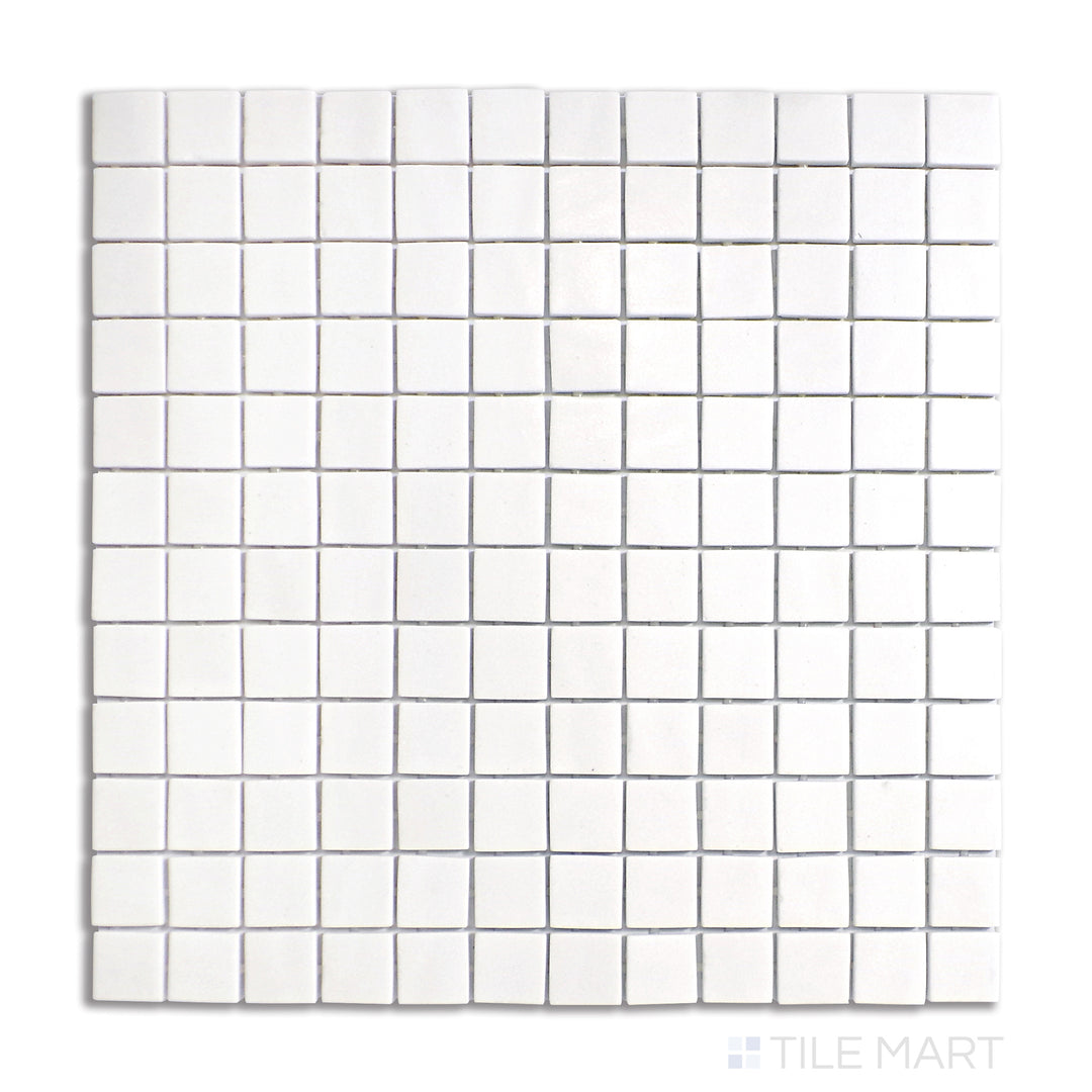 A crisp white glass mosaic with a smooth matte finish, meticulously arranged in a 1-inch square grid, displayed from a top-down view for a clean, contemporary aesthetic.