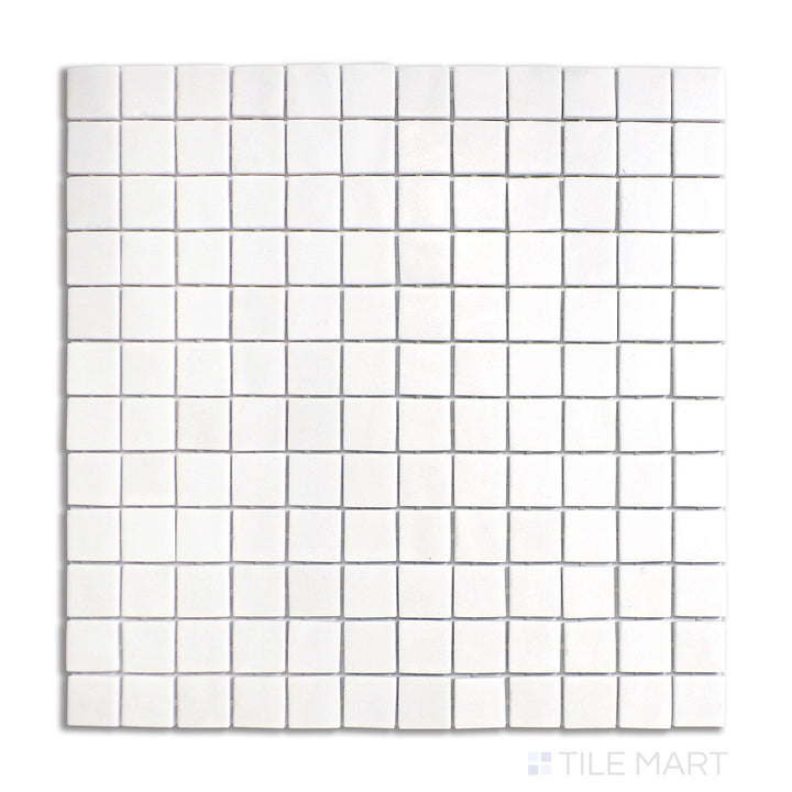 A crisp white glass mosaic with a smooth matte finish, meticulously arranged in a 1-inch square grid, displayed from a top-down view for a clean, contemporary aesthetic.