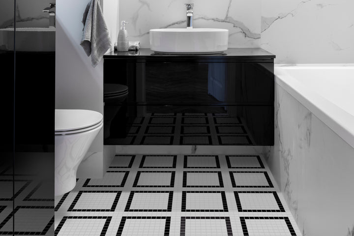 A bright and airy setting featuring Natureglass Malla White 1" square matte glass mosaic, bringing a clean, fresh, and contemporary look.