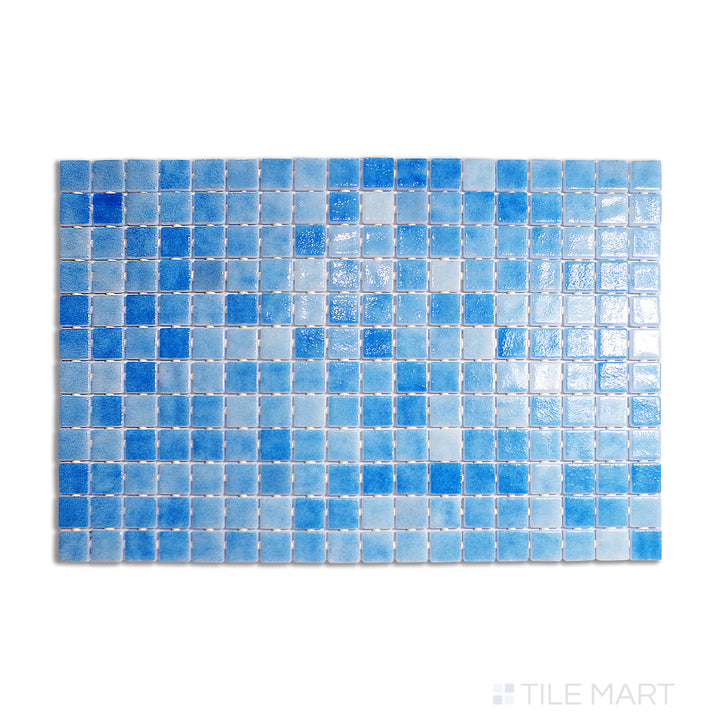A delicate sky-blue glass mosaic with a high-gloss finish, arranged in a 1-inch square pattern and presented in a top-down view to highlight its luminosity.