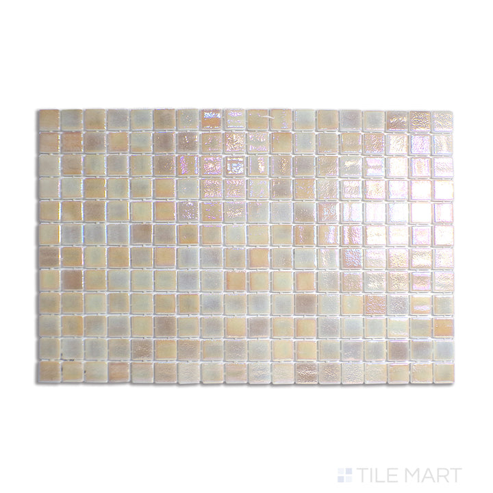 Soft beige tones with an opalescent sheen define this glass mosaic, set in a perfect 1-inch square grid and captured from a top-down perspective.