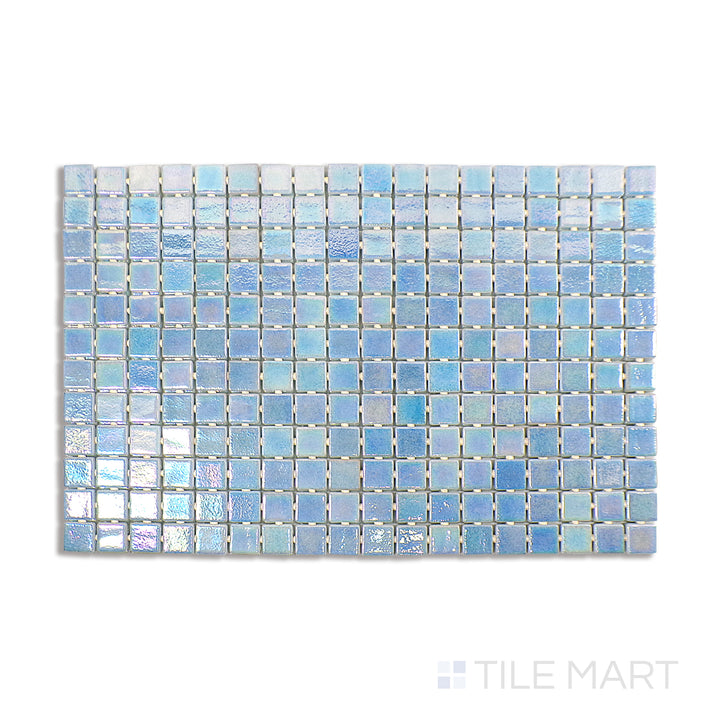 A radiant sky-blue opalescent glass mosaic, arranged in a 1-inch square pattern, reflecting light beautifully in this top-down view.