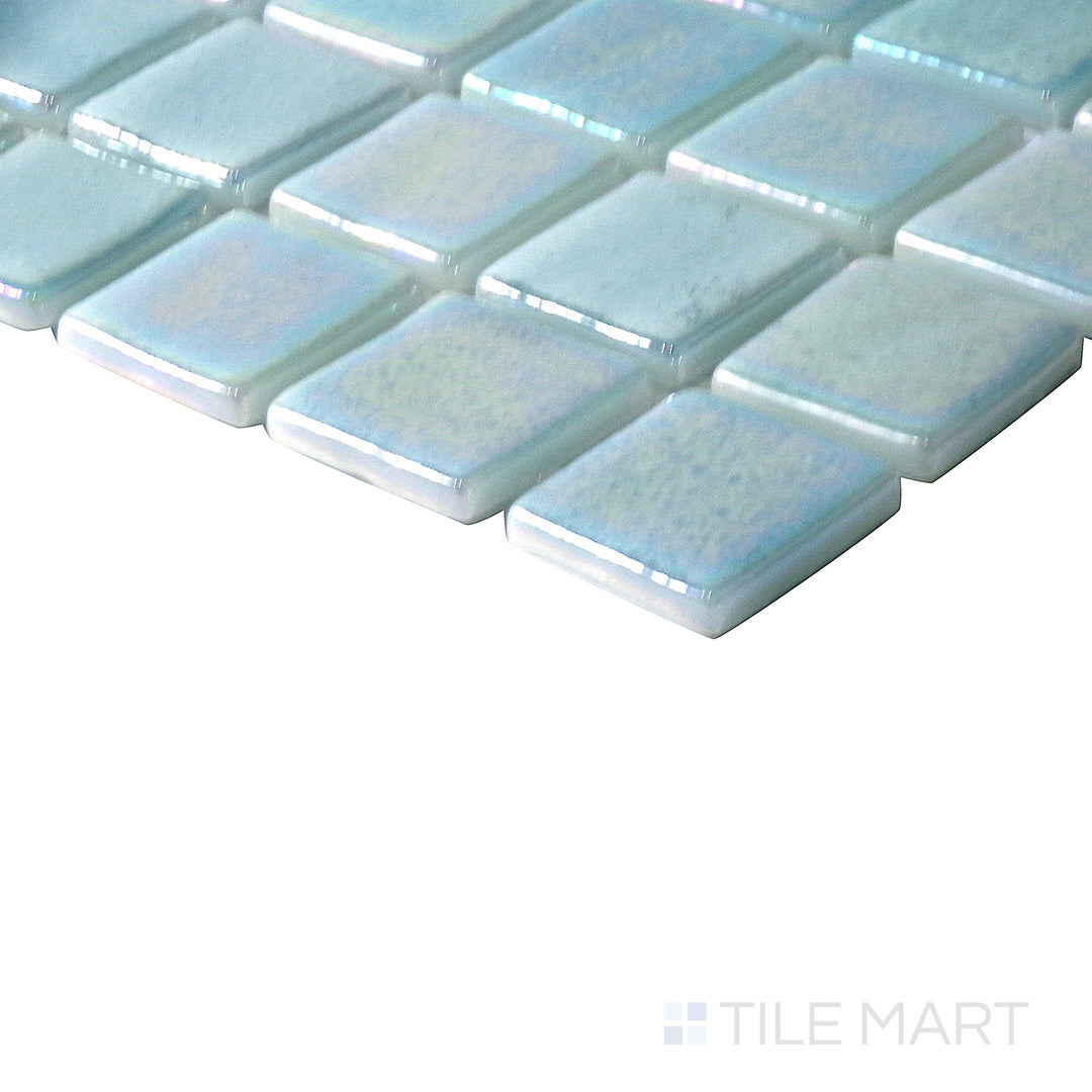 Angled perspective emphasizing the fresh, nature-inspired tones of Opalescent Claro Verde 1" square glossy glass mosaic.