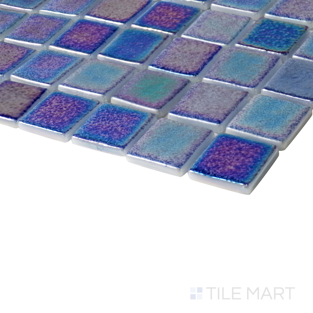 Side close-up highlighting the deep oceanic blue of Opalescent Marino Azul 1" square glossy glass mosaic.
